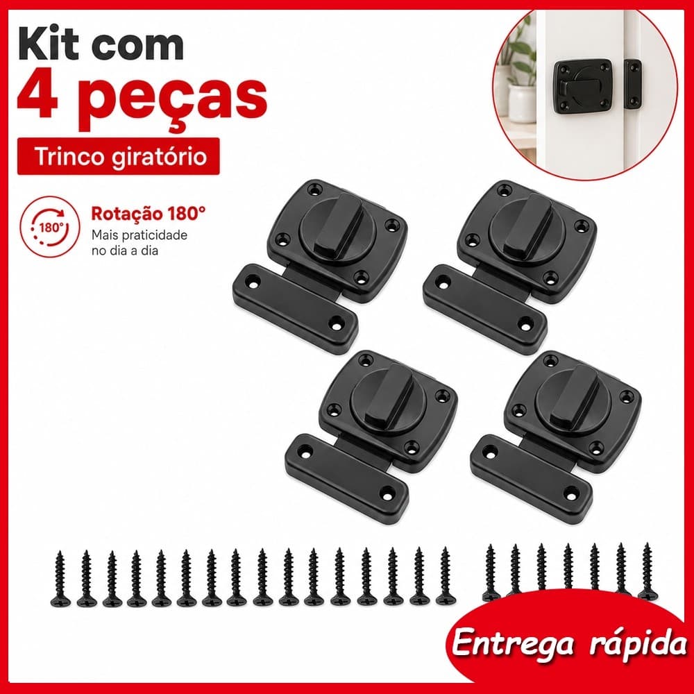 Kit 4 Peças Trinco Giratório Preto em Liga de Zinco, Trava para Porta de Quarto, Banheiro, Cozinha, Varanda e Janela