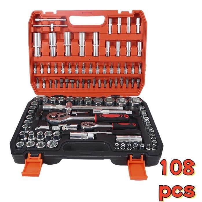 Jogo de Soquete 108 Peça 1/2 e 1/4 Catraca Reversível Cromo Vanadium Profissional no Pix 5.04mil+ Vendido(s) - Variação: