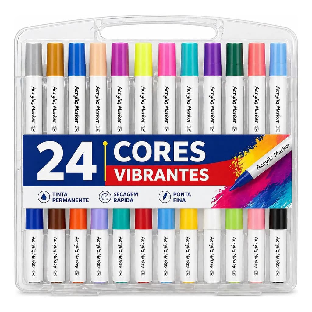 Kit 24 Canetas Marcador Acrílico Ponta Fina Cores Vibrantes Multicores