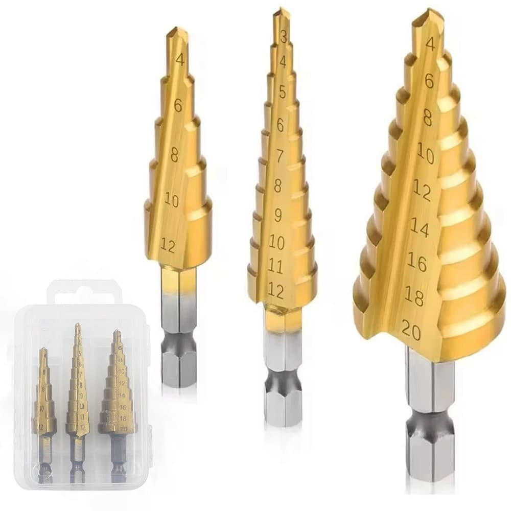 Kit 3 Brocas Escalonada Titânio 3-12 4-12 -20mm Jogo Broca Hexagonais Cônicas Bits Métricos Cônicos