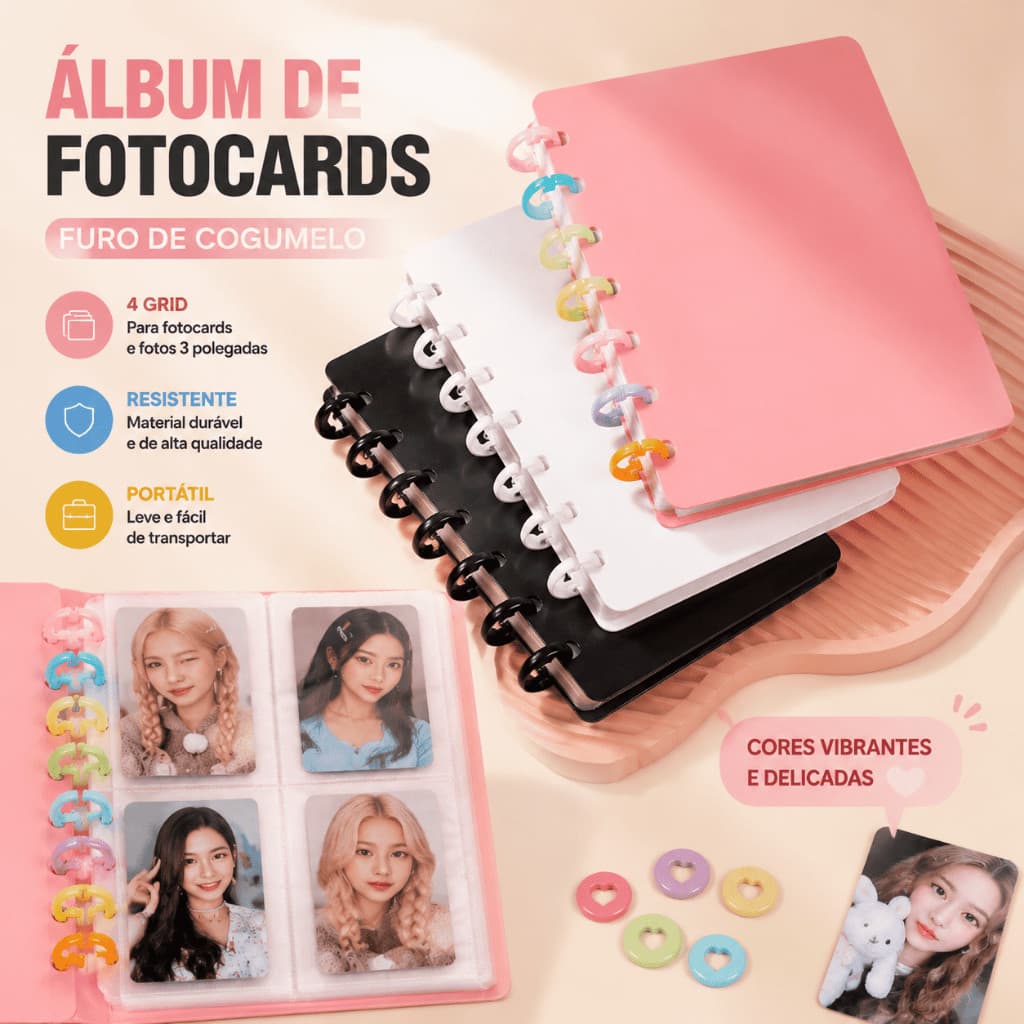 Álbum de Cartões Furo de Cogumelo para Fotocards de Idol & Fotos 3 Polegadas 4 Grid Portátil Resistente Vendido(s) - Ros