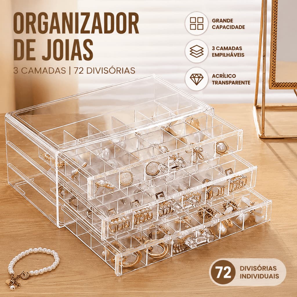 Organizador para embalagem e exibição de joias, 72 grades, acrílico, 3 camadas, caixa de jóias, grande Vendido(s)