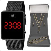 Relógio Feminino Digital Quadrado Preto Black Piano com Colar e Brincos de Strass