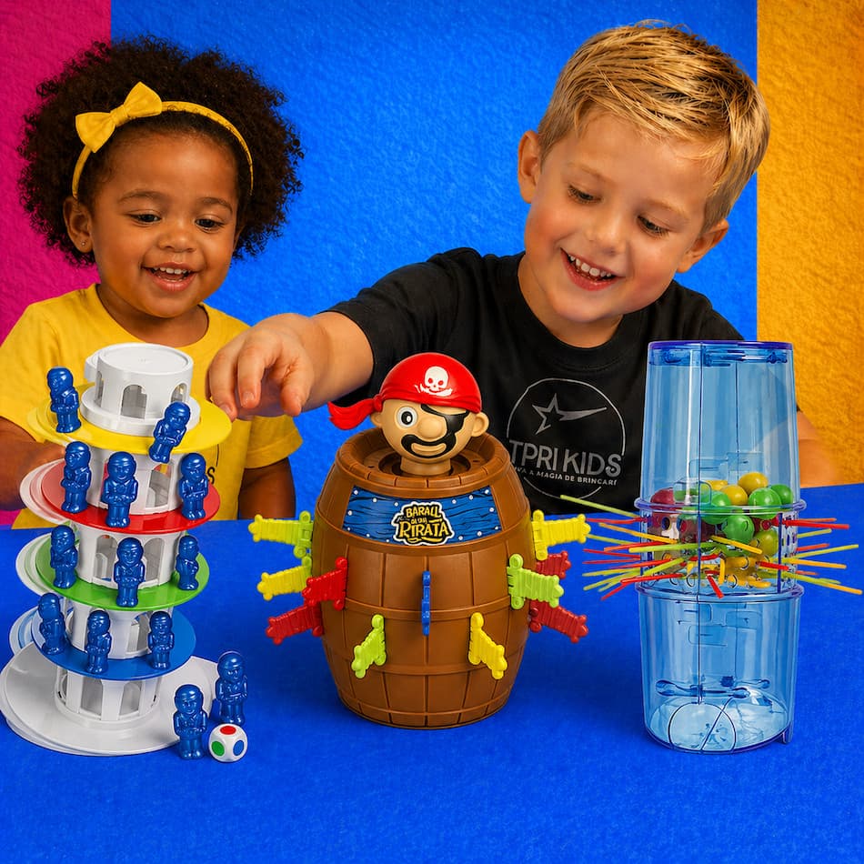 Kit 3 Jogos Brinquedo Infantil Educativo Torre Maluca + Pula Pirata + Tira Varetas Presente Criativo