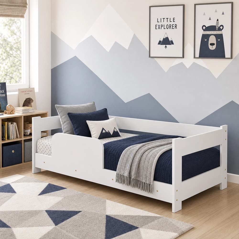 Cama Montessoriana Infantil Menino com Grade de Proteção para Transição - Branco