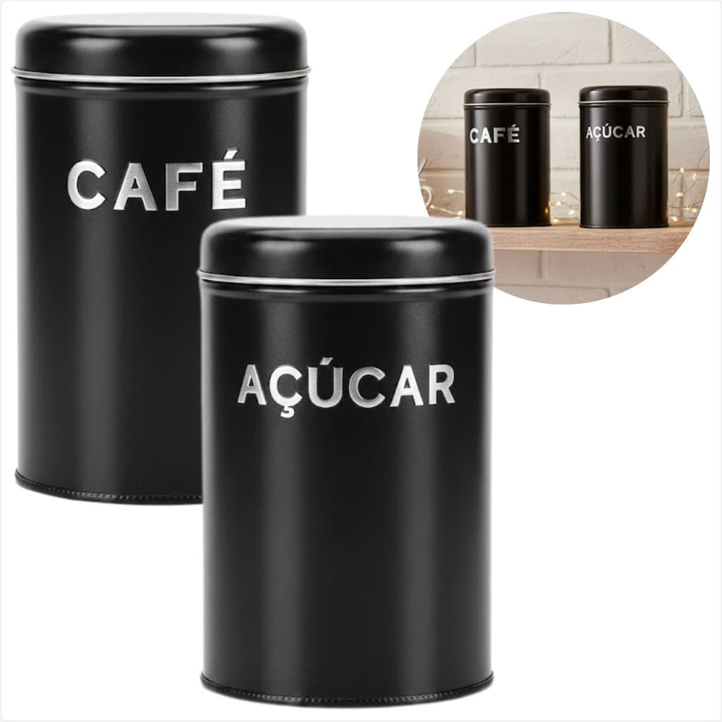 Jogo Potes Mantimentos Café E Açúcar Lata Preto Organizador Multiuso Para Cozinha Cantinho Do Café