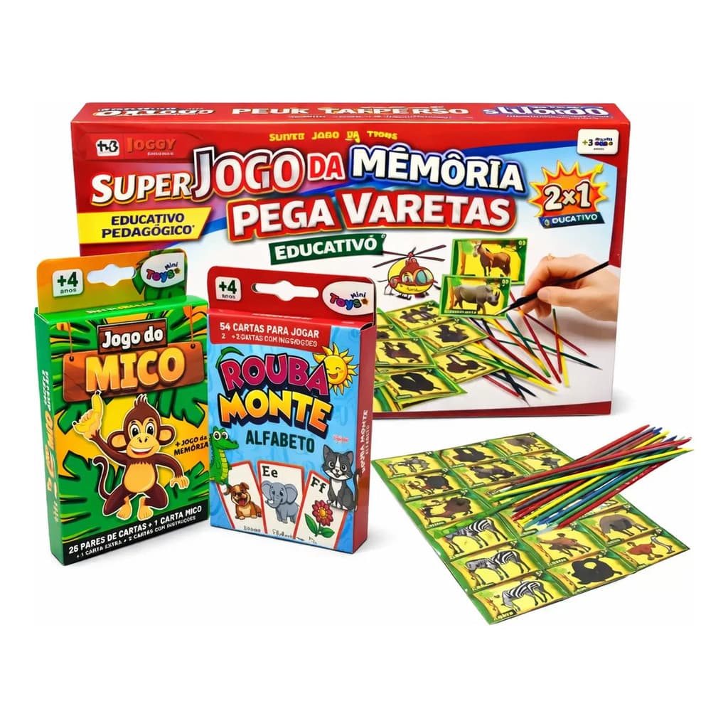 Kit 3 Jogos Mico, Rouba Monte Alfabeto E Memória Pega Vareta