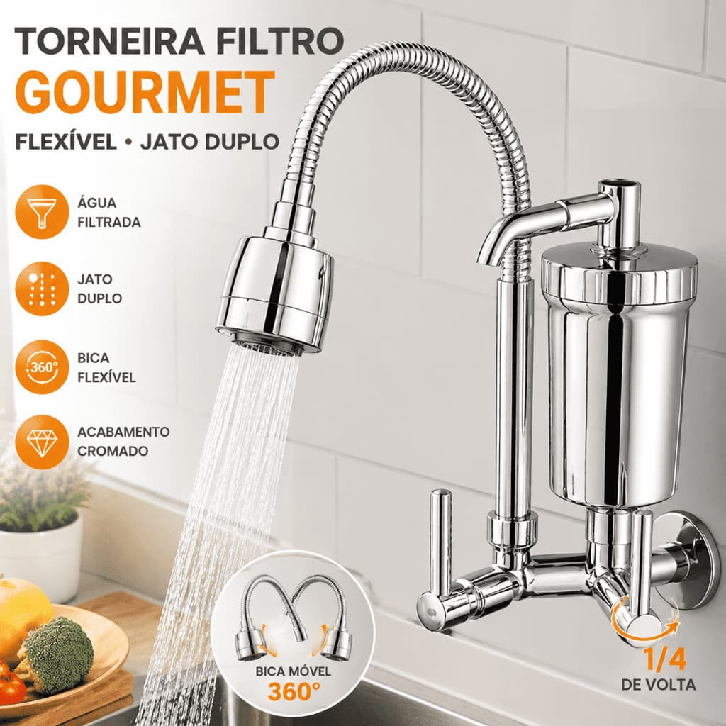 Torneira Filtro de Parede Gourmet Cozinha Flexível Jato Duplo Cromada 1/4 de volta Luxo Avaliação da loja - Variação: