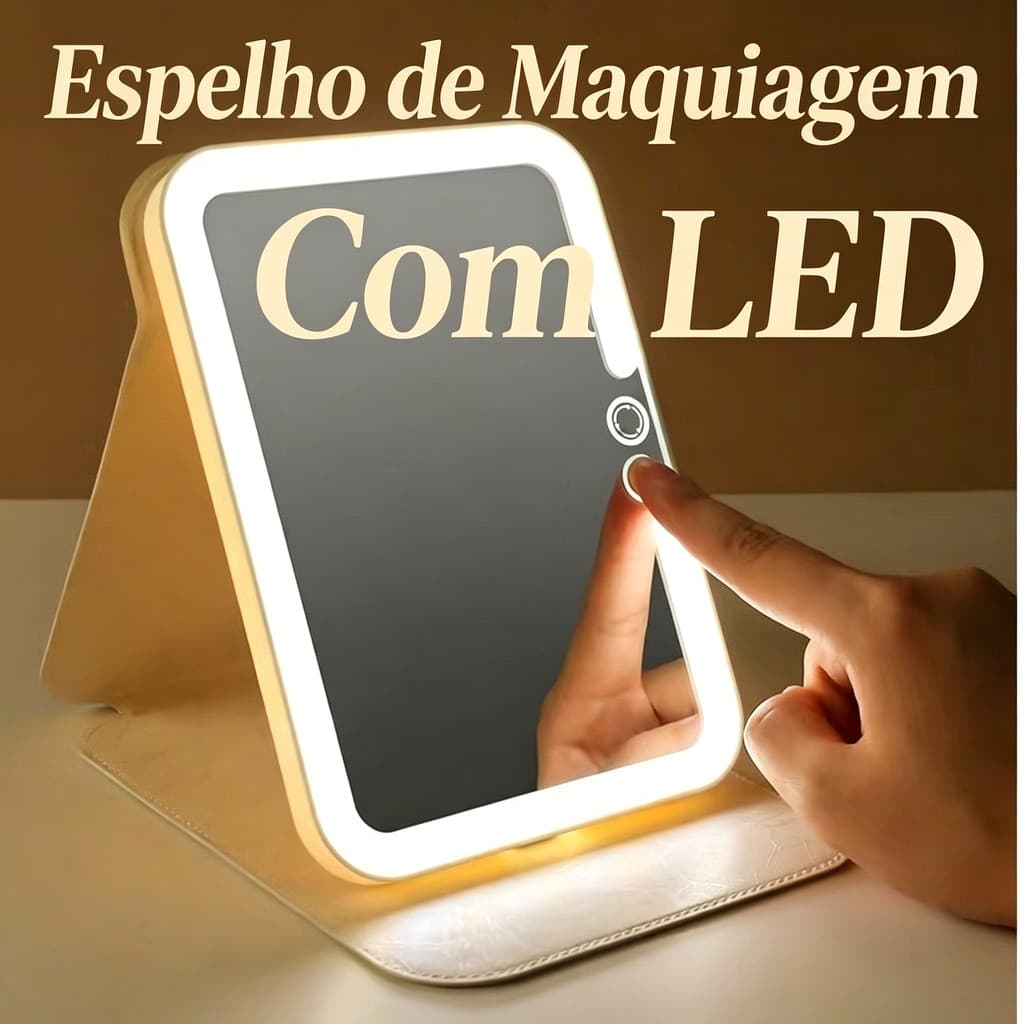 Espelho de Maquiagem LED USB Recarregável Compacto Dobrável com Capa de Couro para Viagem