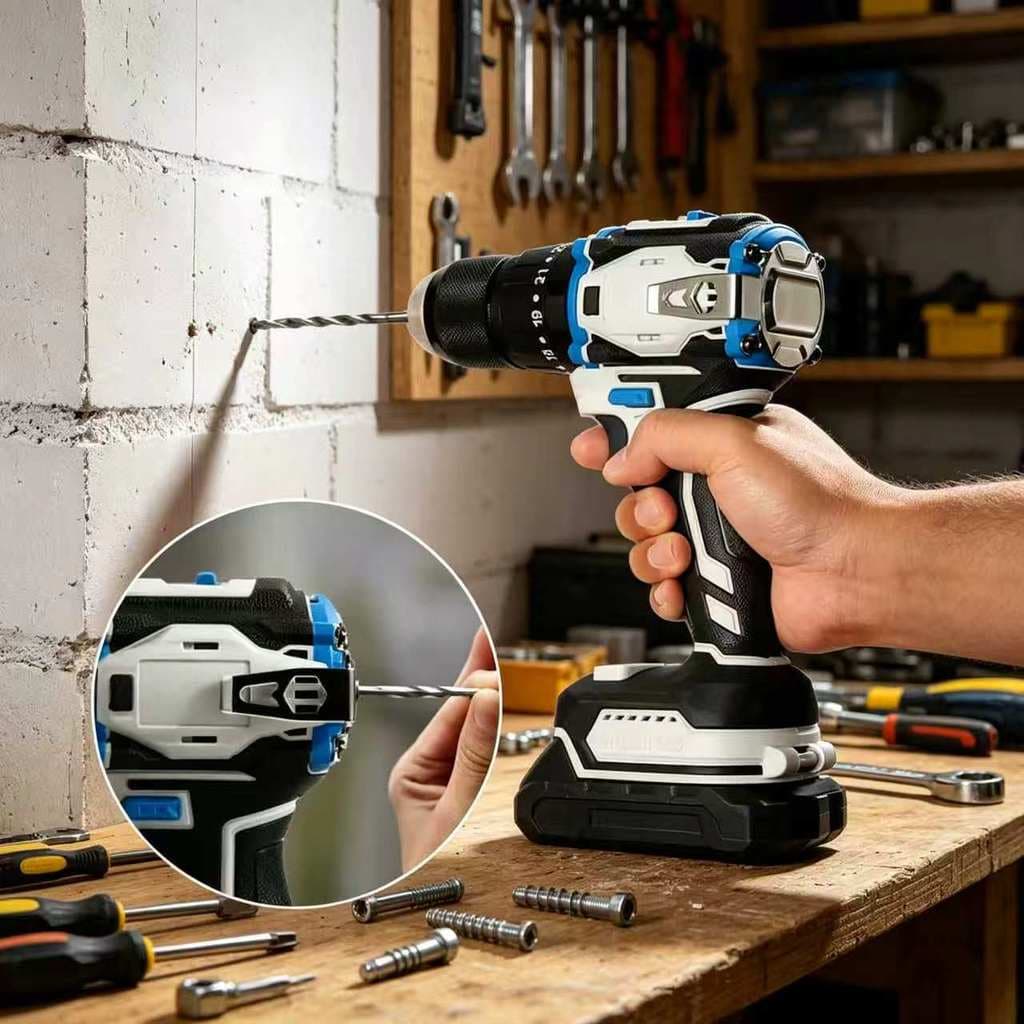 Furadeira 21V com Função Martelete 2 Baterias Kit Completo Brocas Bits e Maleta