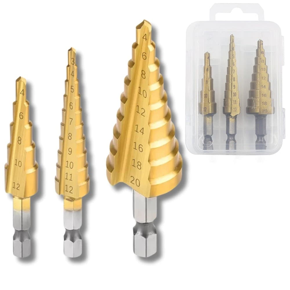 Kit 3 Brocas Escalonadas Titânio HSS 3-12 4-12 4-20mm Broca Cônica Hexagonal Para Metal PVC Madeira