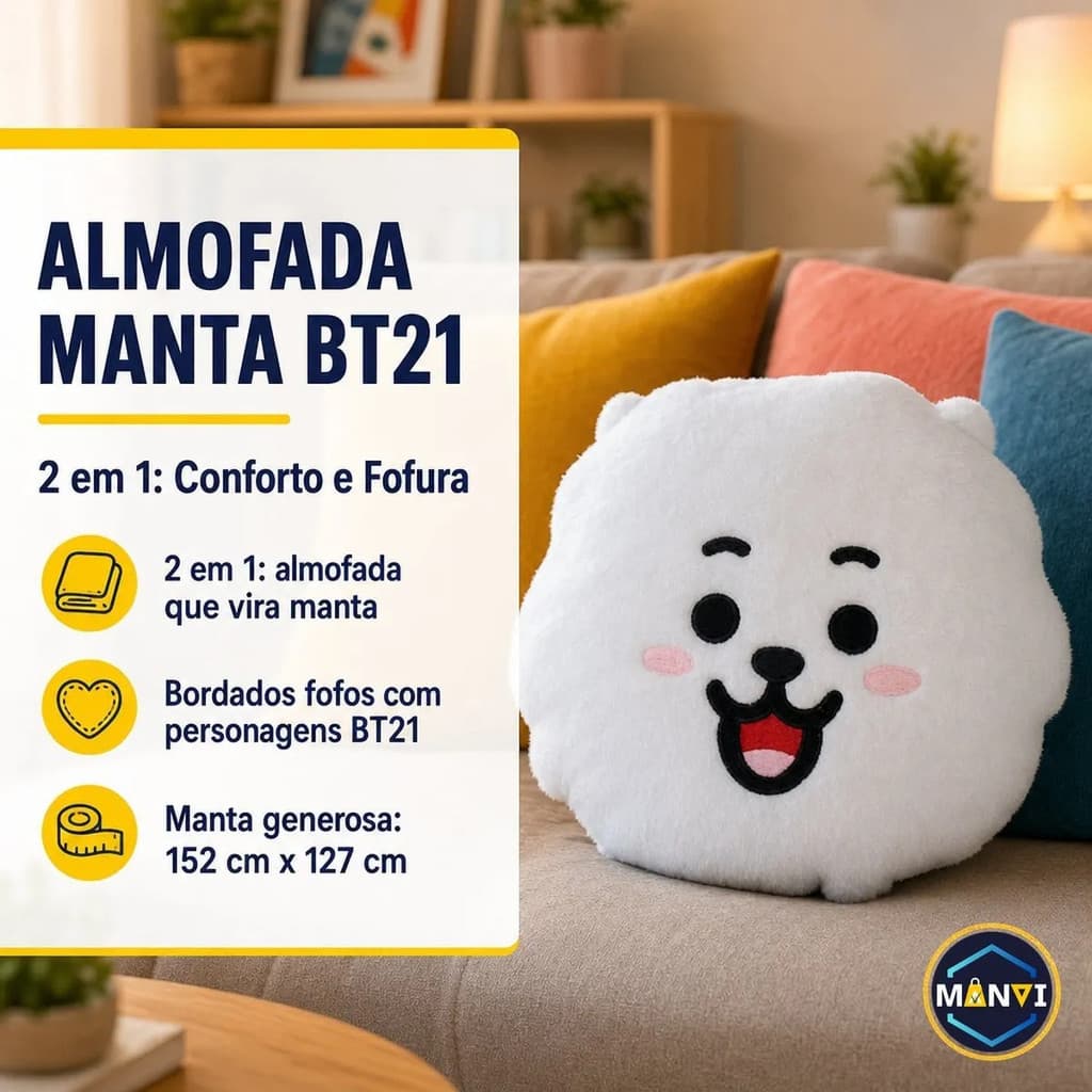 Manta Almofada Infantil 2 em 1  Cobertor Travesseiro Criança Estampada BT21 Kpop Branca