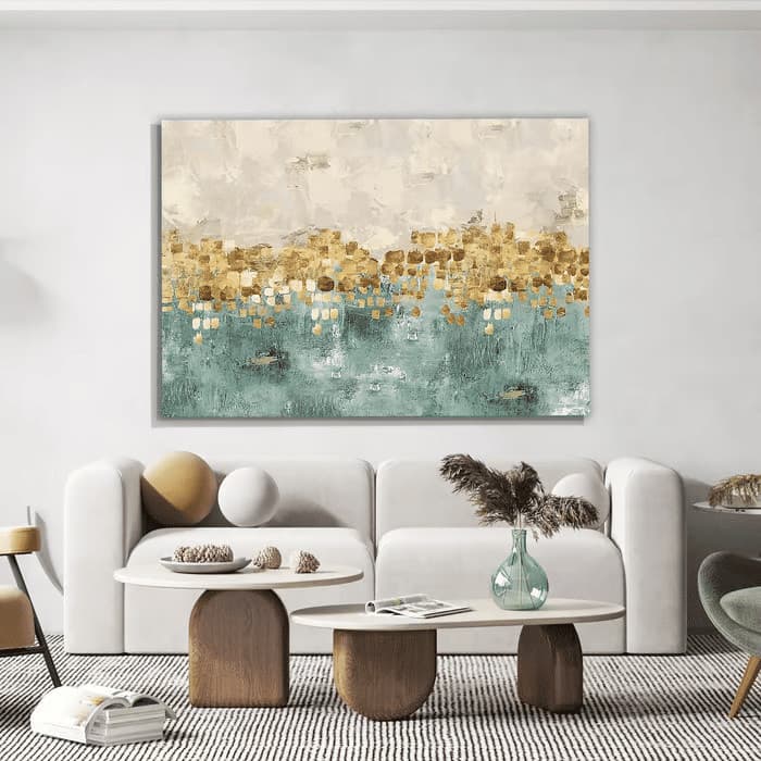 Quadro Decorativo Abstrato Dourado e Verde Água 60x90 Tela Canvas Grande Pronto Para Pendurar Sala Quarto