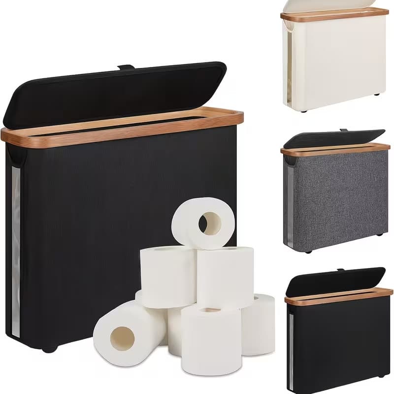 Suporte Cesto De Papel Higiênico De Bambu Com Tampa Para Armazenamento De Armário De Banheiro mil+ Vendido(s) - Preto