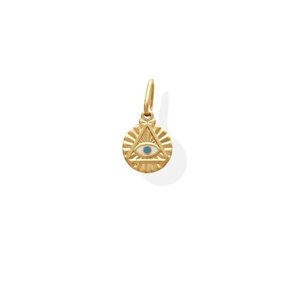 PINGENTE MEDALHA DIAMANTADO COM OLHO GREGO BRANCO AZUL