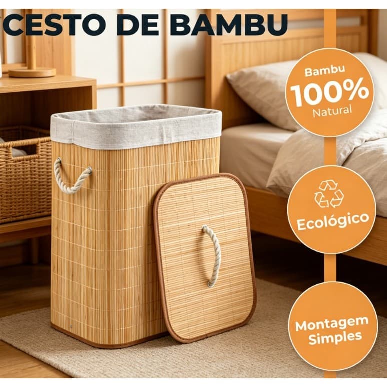 Cesto de Roupas em Bambu com Tampa e Forro Dobrável Grande Capacidade 60L 70L