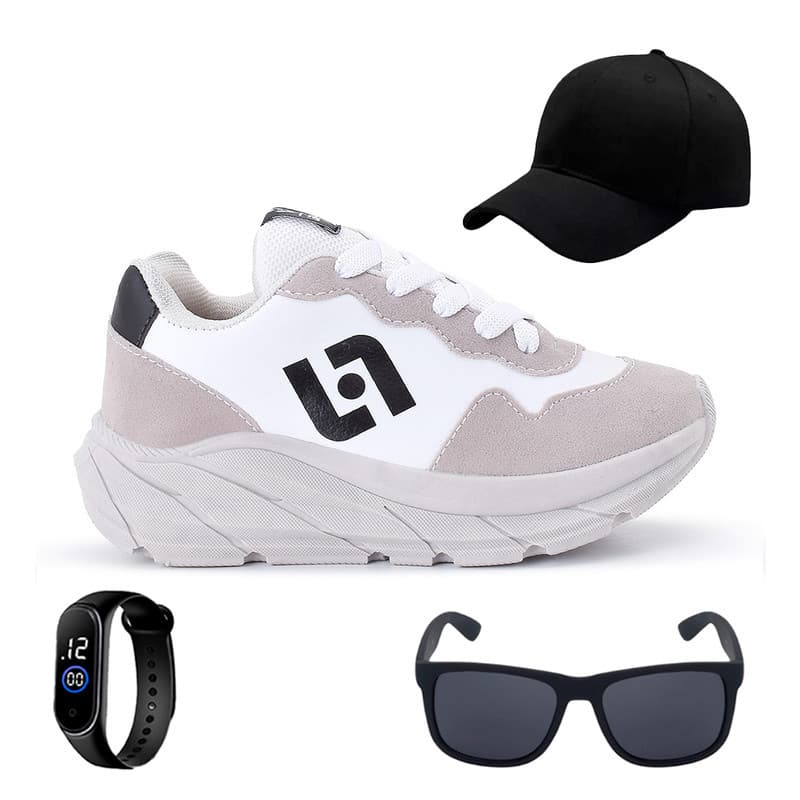 Kit Infantil com Tênis Leve Jogger Streetwear Meninos Leve + Boné + Óculos e Relógio