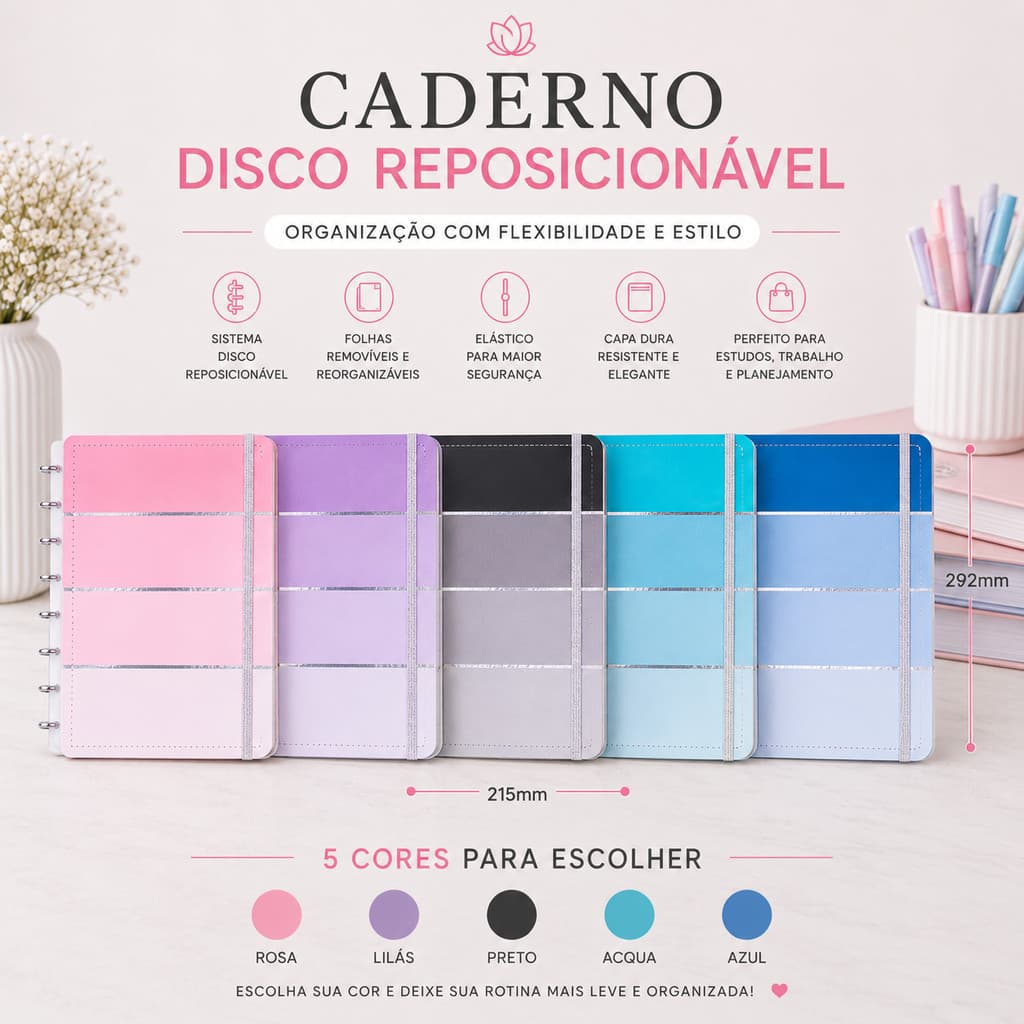 Caderno Disco Capa Dura Reposicionável Listral Listrado Disko Elástico