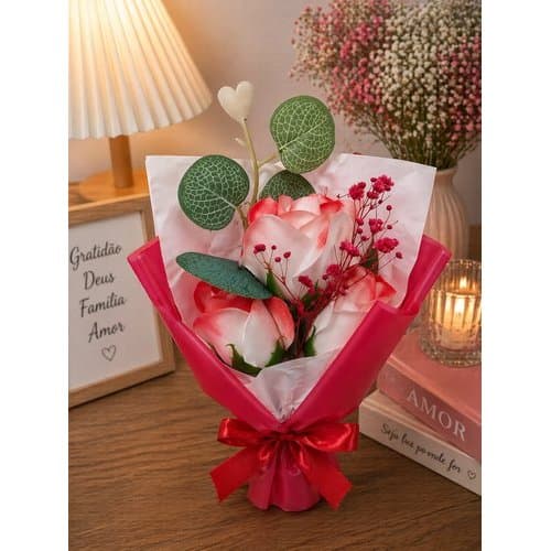 Buquê Decorativo Com Rosa Artificial 24cm - Vermelha