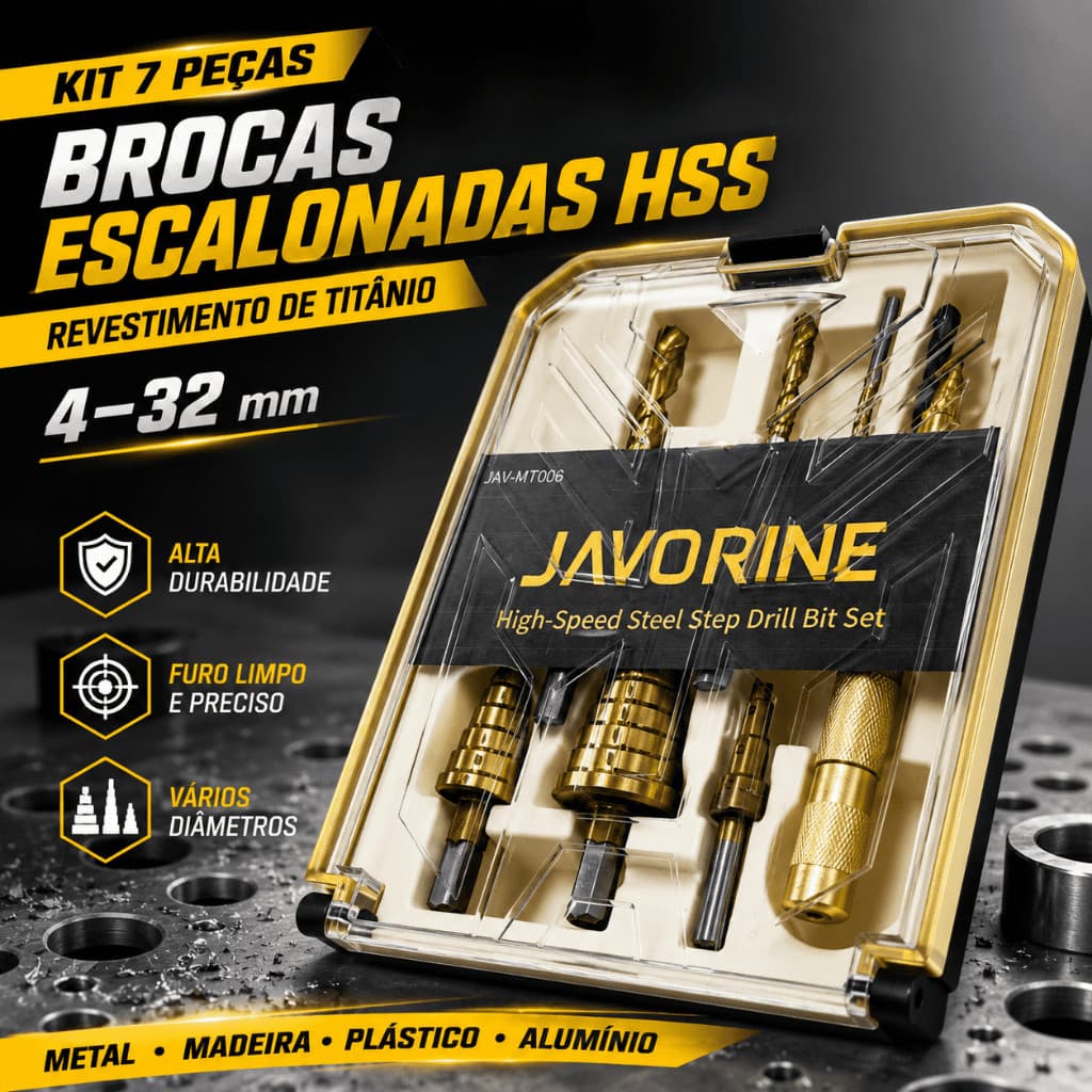 Kit 7 Brocas Escalonada Aço Rapido Titanio 4 A 32mm Corte com Marcador Com Estojo Organizador Vendido(s) - 5pcs brocas