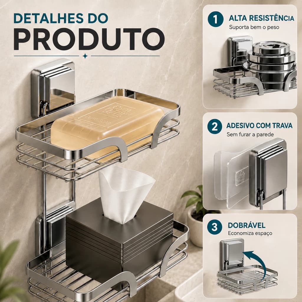 Saboneteira de Parede para Banheiro em Aço Inox, Antiferrugem, Fixação Forte Sem Furo Vendido(s) - Camada dupla