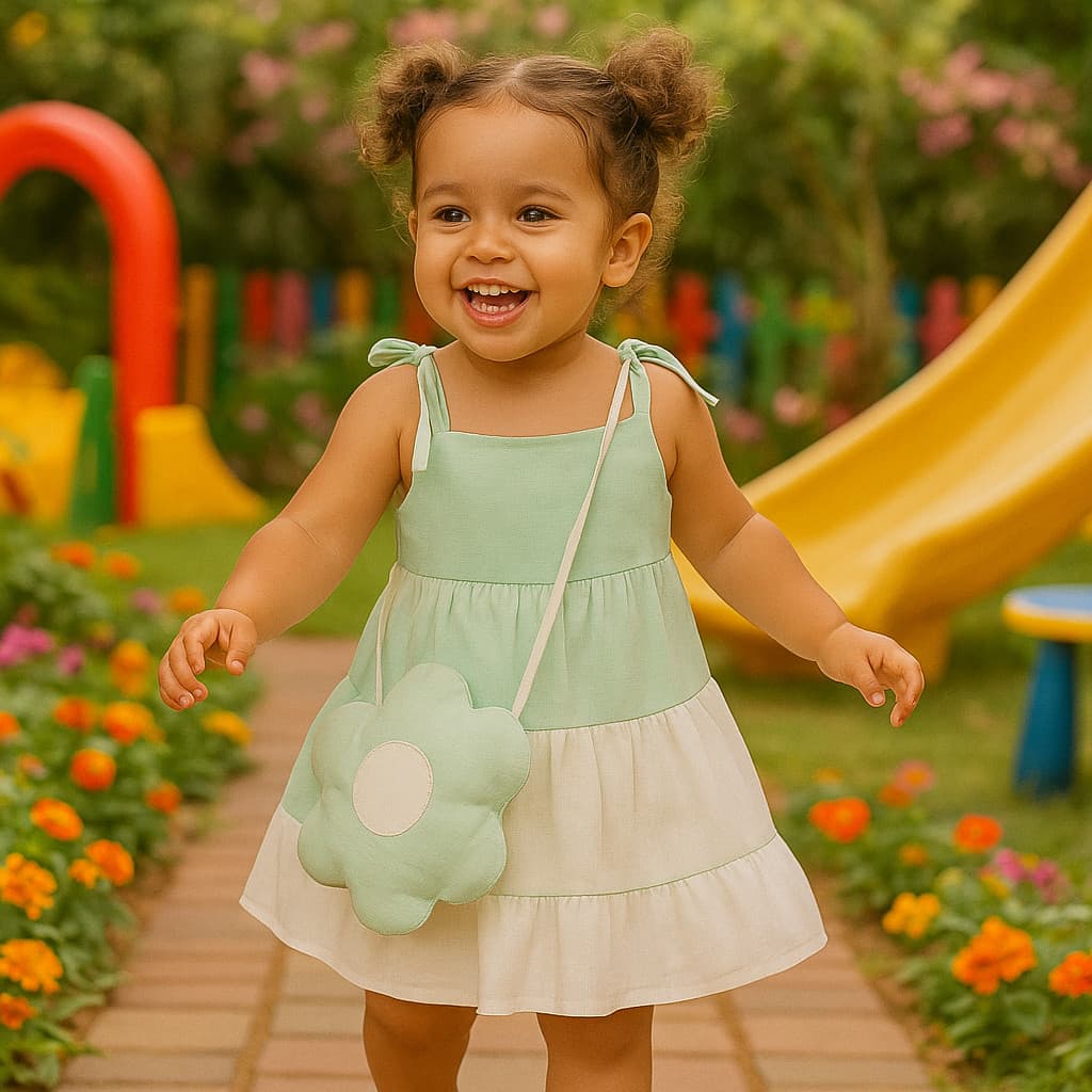 Vestido  Infantil  Bicolor Três Marias Com Bolsa