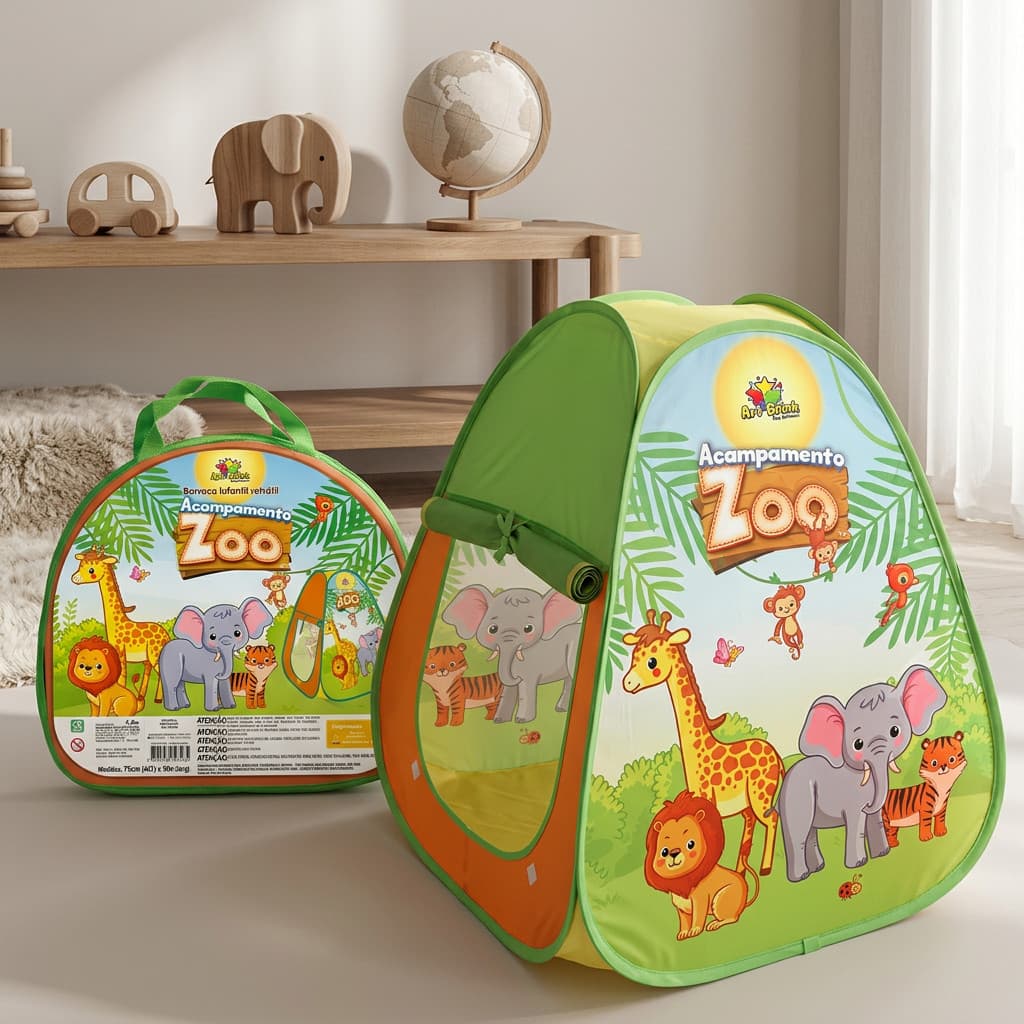 Barraca de Acampamento Infantil Tema Zoo Retrátil - Diversão e Aventura ao Ar Livre