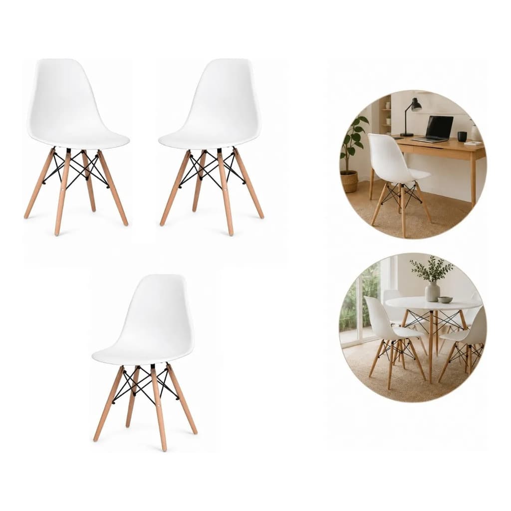 Kit 3 Cadeira Eames - Branca Polipropileno e Madeira