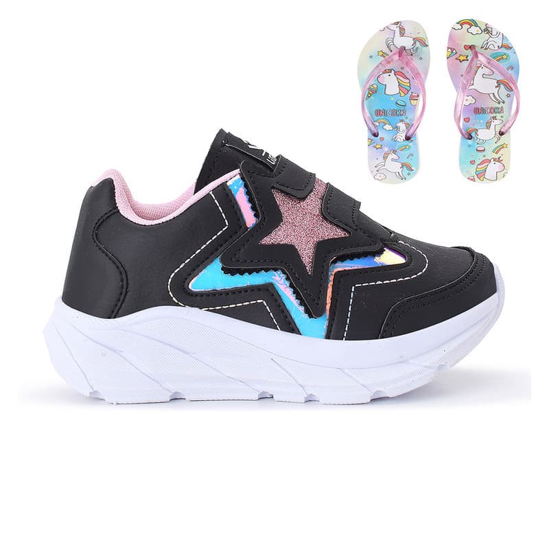 Conjunto de Calçados para Meninas com Tênis Calce Fácil Conforto Delicado + Chinelo de Dedo Leve e Macio