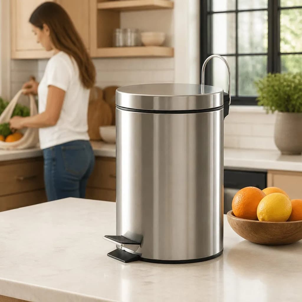 Cesto Lixo Lixeira Pedal Inox Redonda 12L Banheiro Cozinha Escritório Média Balde Interno Alça