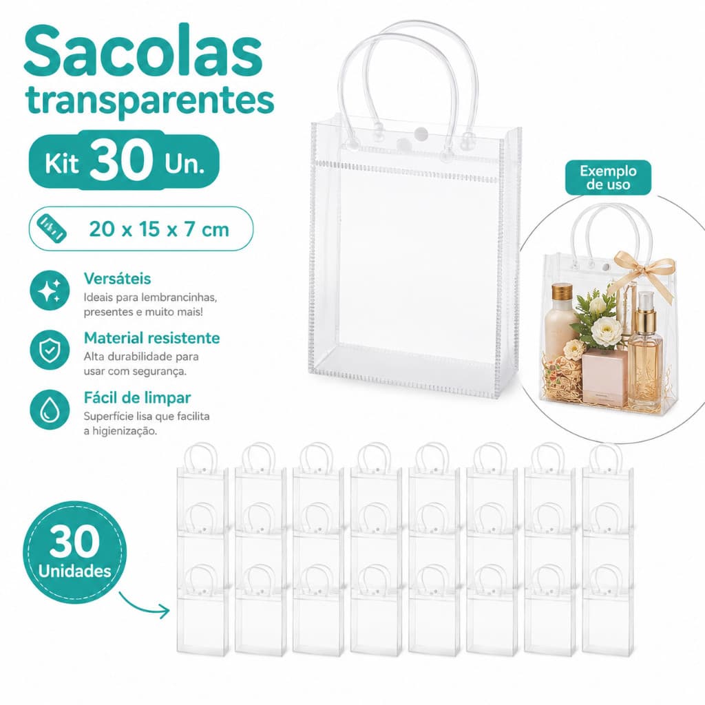 20x15x7cm, 30 conjuntos de sacolas transparentes, com alça, usando Material de PVC durável, adequado apenas para present