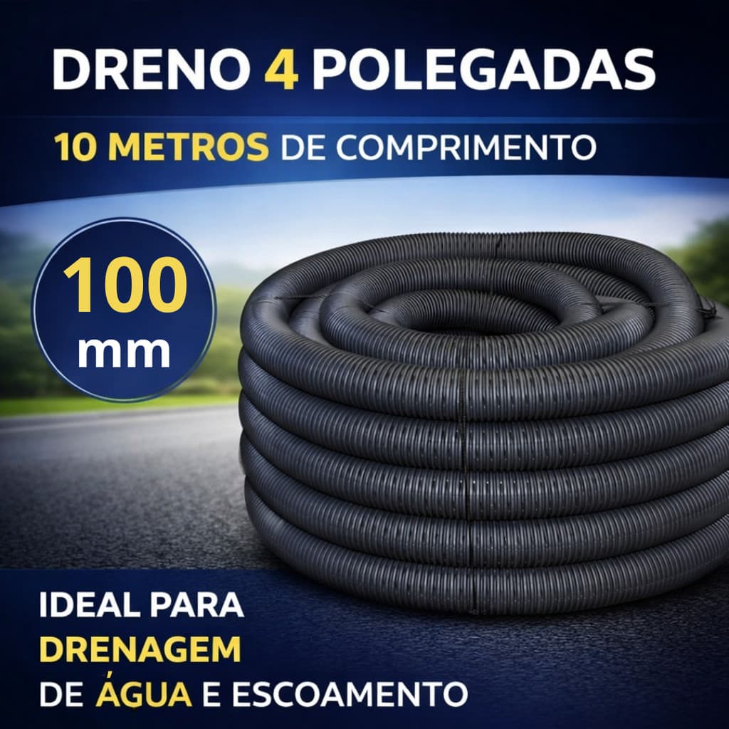 Tubo Duto PEAD Corrugado Dreno para Drenagem Perfurado 4 pol (100mm) Rolo 10 Metros
