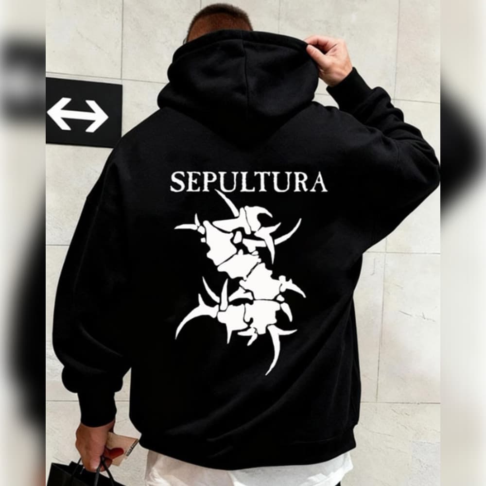 Moletom Masculino com Capuz, Design Gráfico "SEPULTURA" em Poliéster Preto, Tamanhos VariadREF-4600