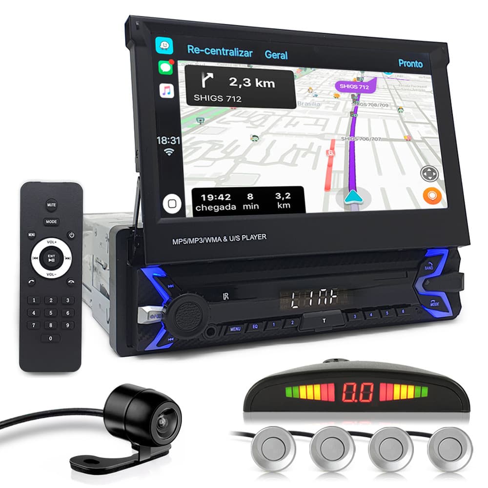 Kit Multimídia Tela Retrátil + Câmera Ré + Sensor Ré Prata Chery Tiggo 2013 2014 2015 2016 Espelhamento Carplay Car Play