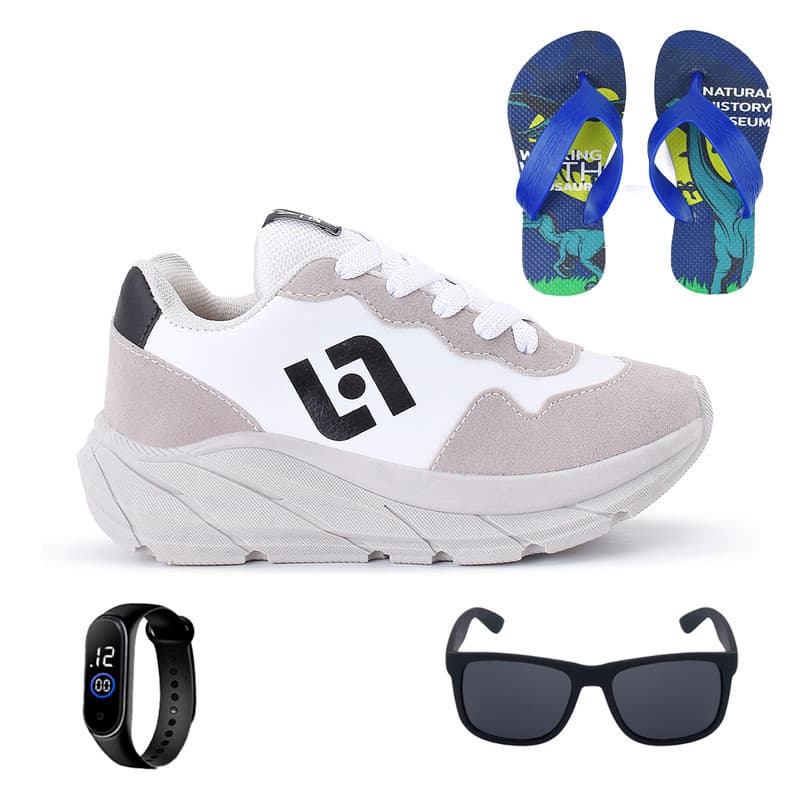 Kit com Tênis Infantil Streetwear Moderno para Meninos Ultra Confortável + Chinelo Macio + Relógio e Óculos