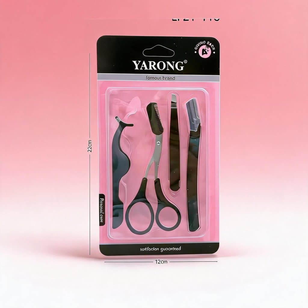 Kit Profissional para Sobrancelhas YARONG - 5 Peças: Tesoura com Pente, Pinça, Navalha e Molde Guia