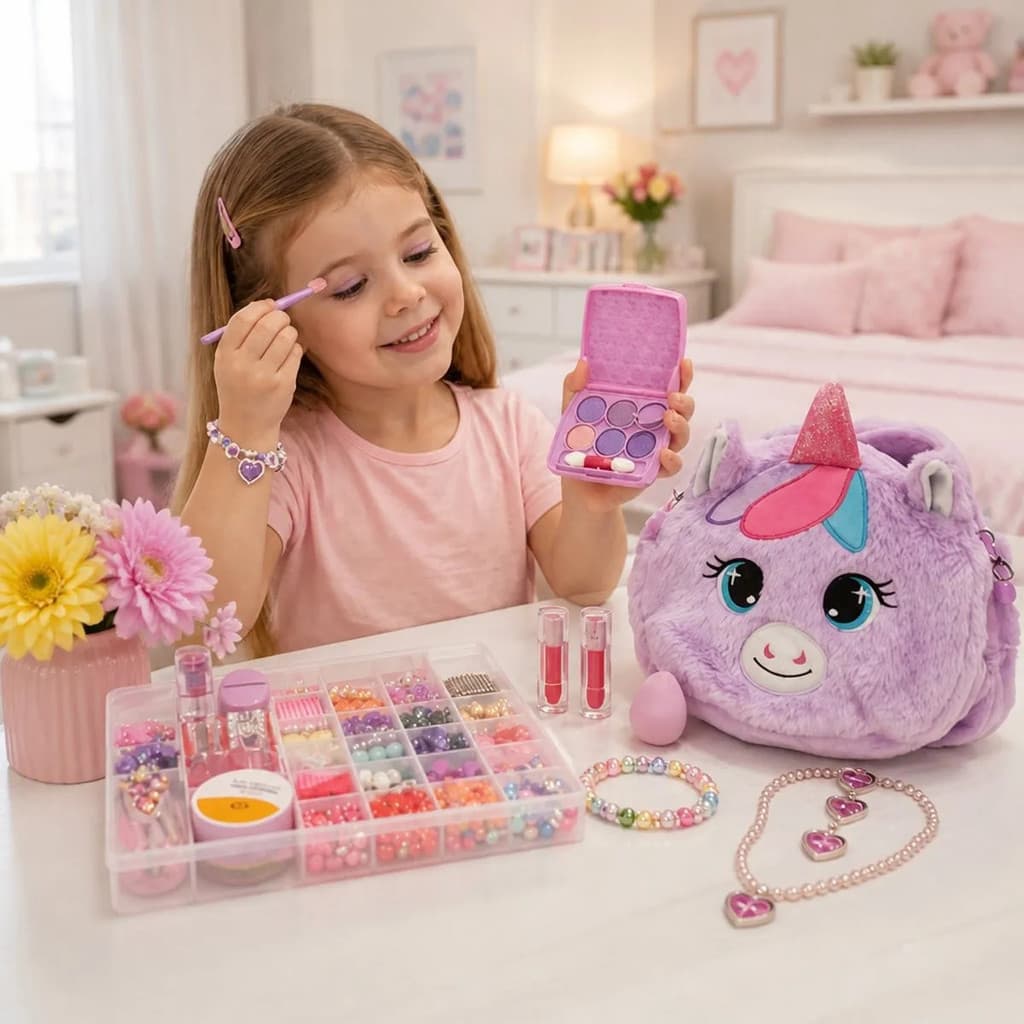 Kit Estojo Maquiagem Make Infantil Acessório Bolsa Unicórnio Blush pincel sombra batom Gloss