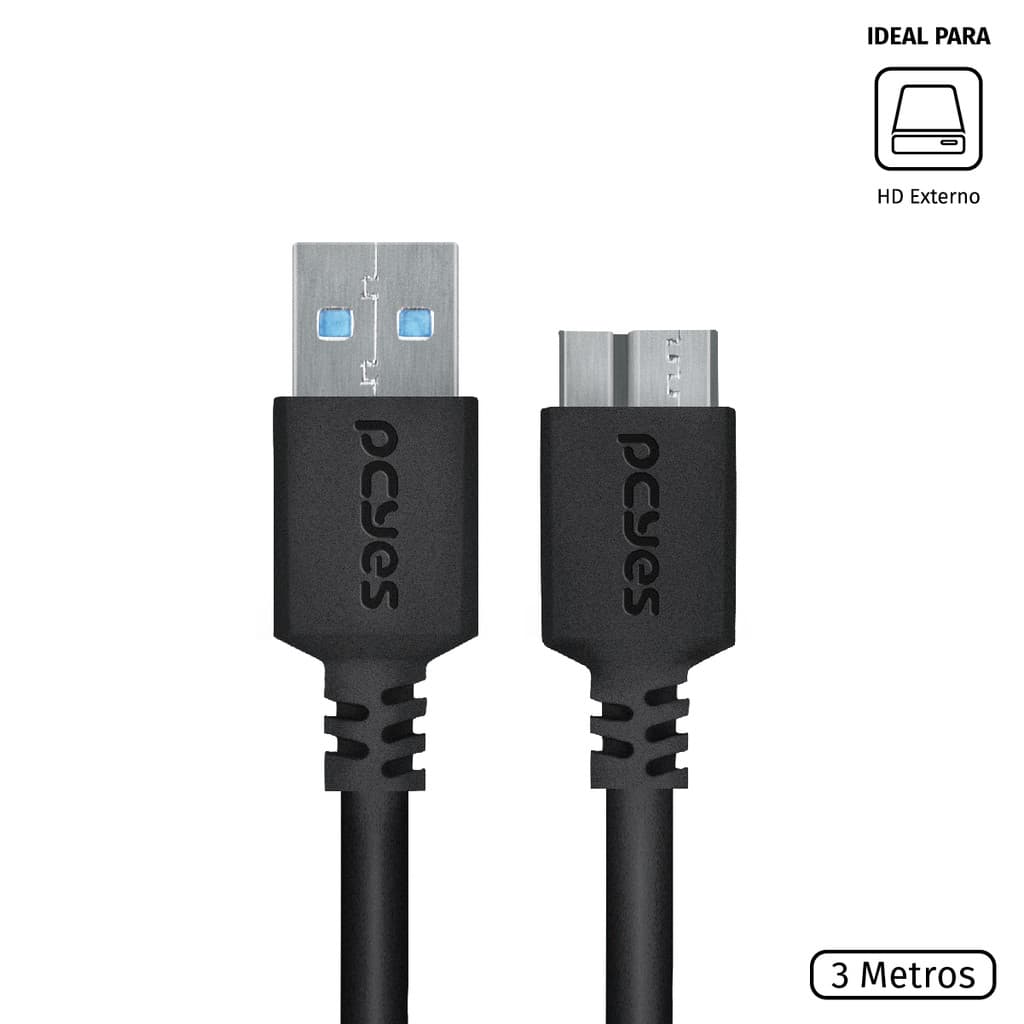 Cabo Para Hd Externo Usb A 3.0 Macho Para Micro Usb B 3.0 (10 Pinos) Macho 28Awg Puro Cobre 3 Metros - Puamcm3-3