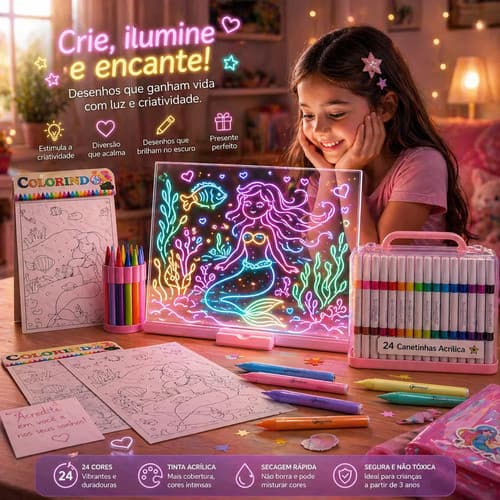 Kit Lousa Mágica LED Infantil com Canetas Acrílicas e Desenhos