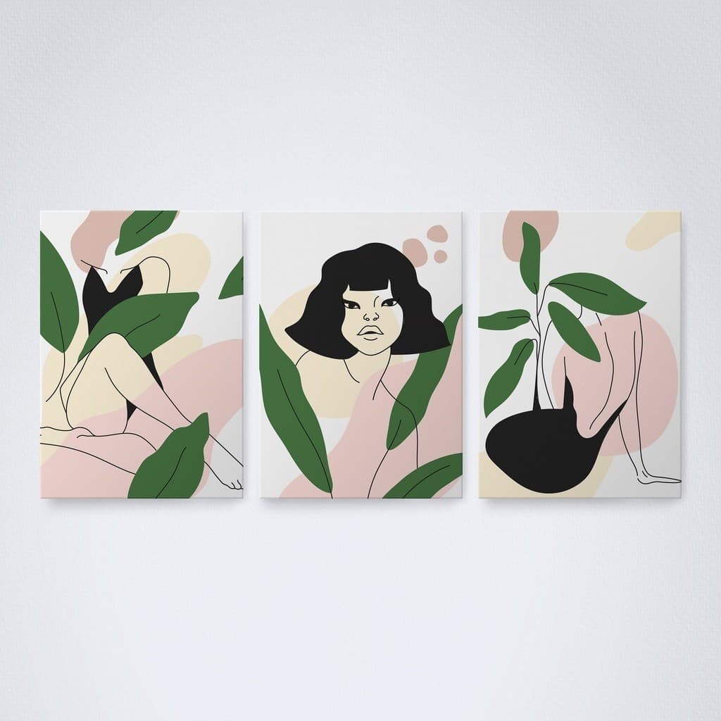 Trio de Quadros Decorativos Mulheres Abstratas Mod 61 a 72 - Arte Abstrata para Sala e Escritório