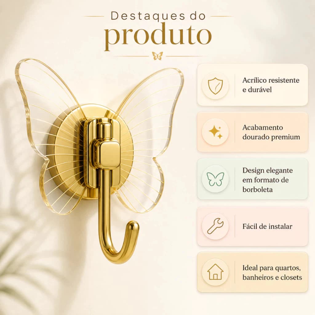 Kit Gancho Decorativo Borboleta Acrílico 2 Peças Autocolante Dourado Gold Vendido(s) - 8pcs