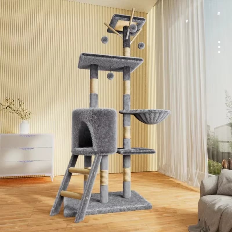 Arranhador para gatos - 4 bases + cama para gatos - torre gigante de 48x138 cm com plataforma e brinquedos, 4 andares no