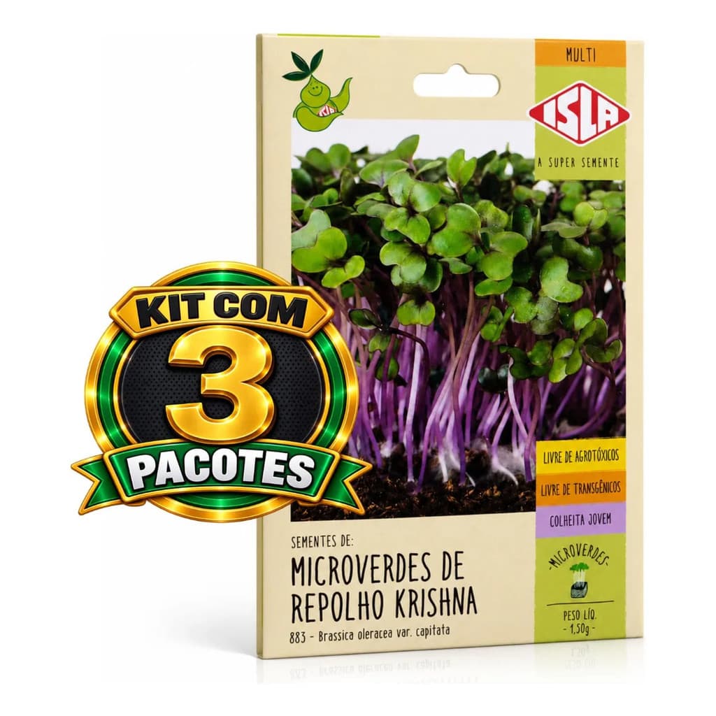3 Pacotes Sementes Isla Repolho Krishna Microgreens Caule Roxo Para Horta de Apartamento