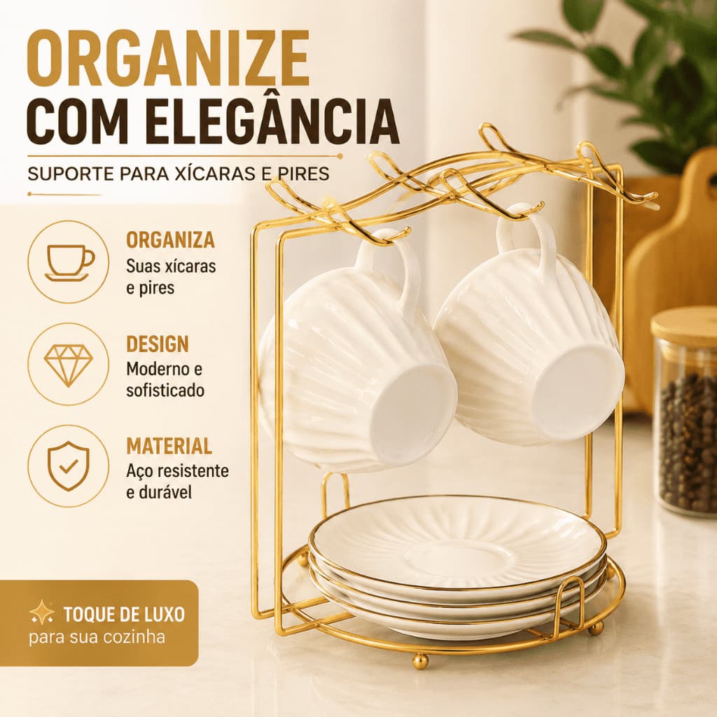 Suporte Organizador Porta Xícara De Café Pires Cozinha Aramado Cantinho Dourado Fosco Aço Luxo Avaliação da loja