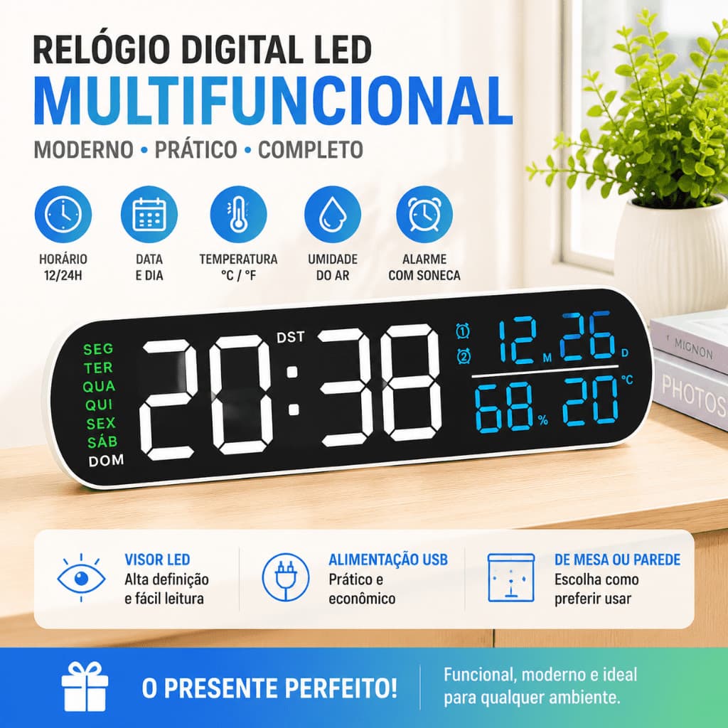 Relógio Digital LED De Parede E Mesa Calendário Alarme Data Temperatura Vendido(s) - Variação: