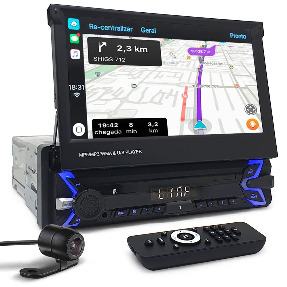 Kit Multimídia Tela Retrátil + Câmera Ré Fielder 1998 1999 2000 2001 2002 Bluetooth Espelhamento