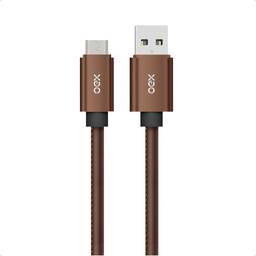 Cabo Carregador Micro USB V8 Oex CC300 Couro Marrom Café 1 Metro 2.1A Carga Rápida