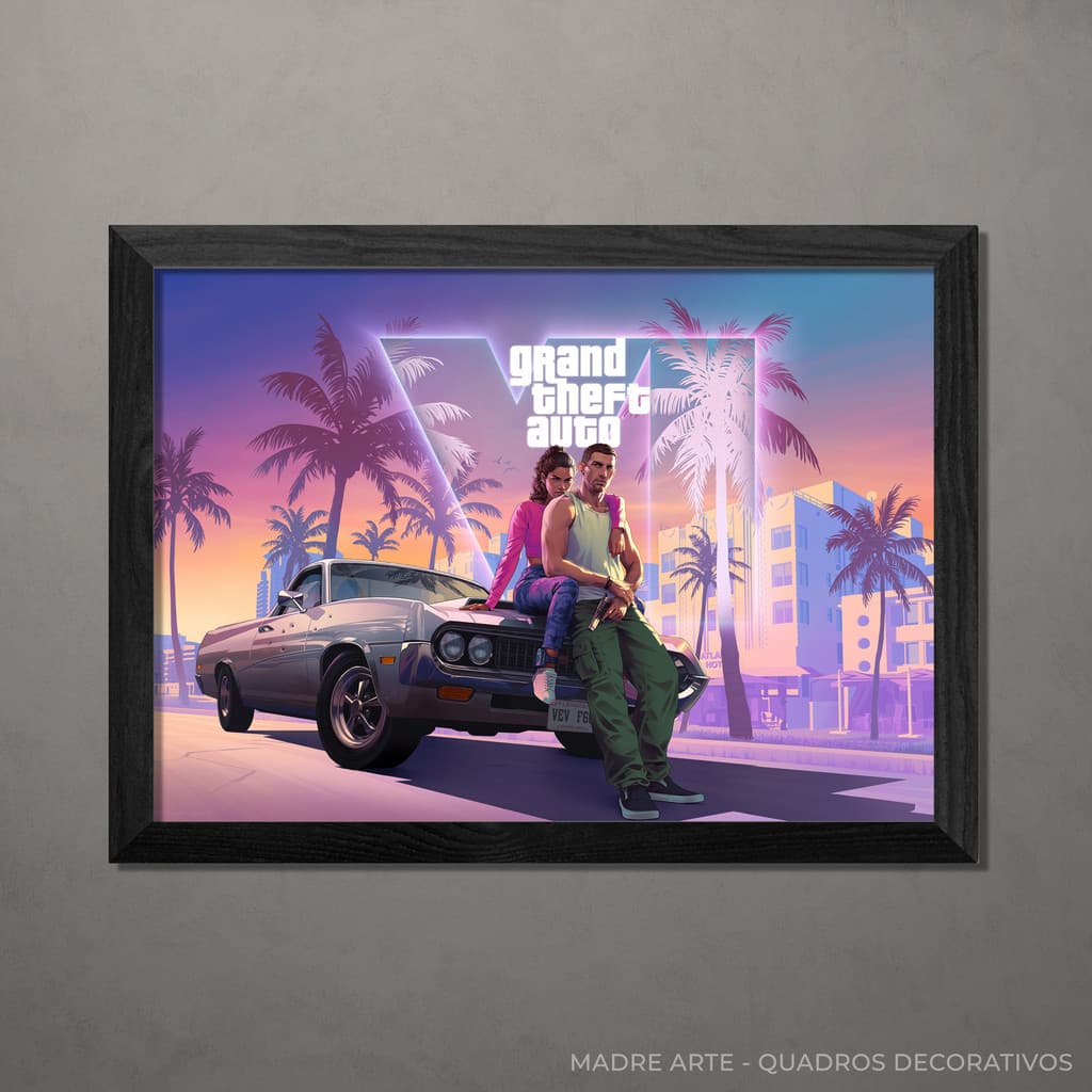 Quadro Decorativo GTA VI - Grand Theft Auto VI A4 Com Vidro