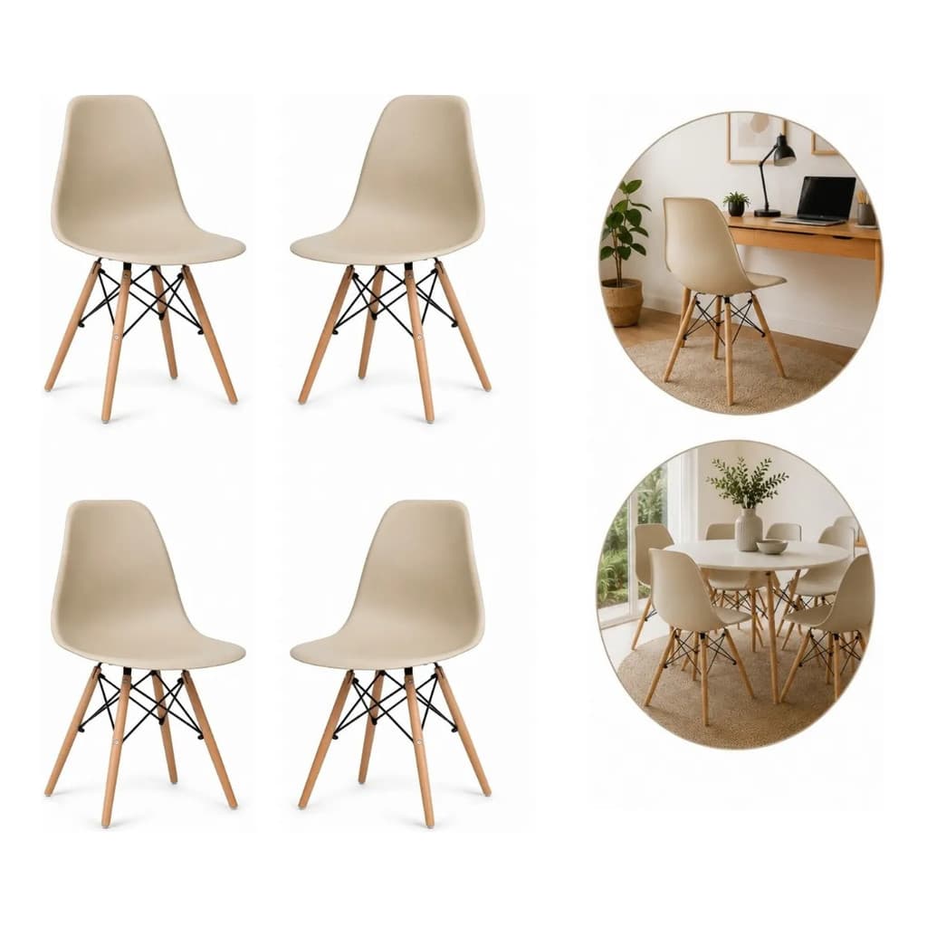 Kit 4 Cadeira Eames - Bege Polipropileno e Madeira