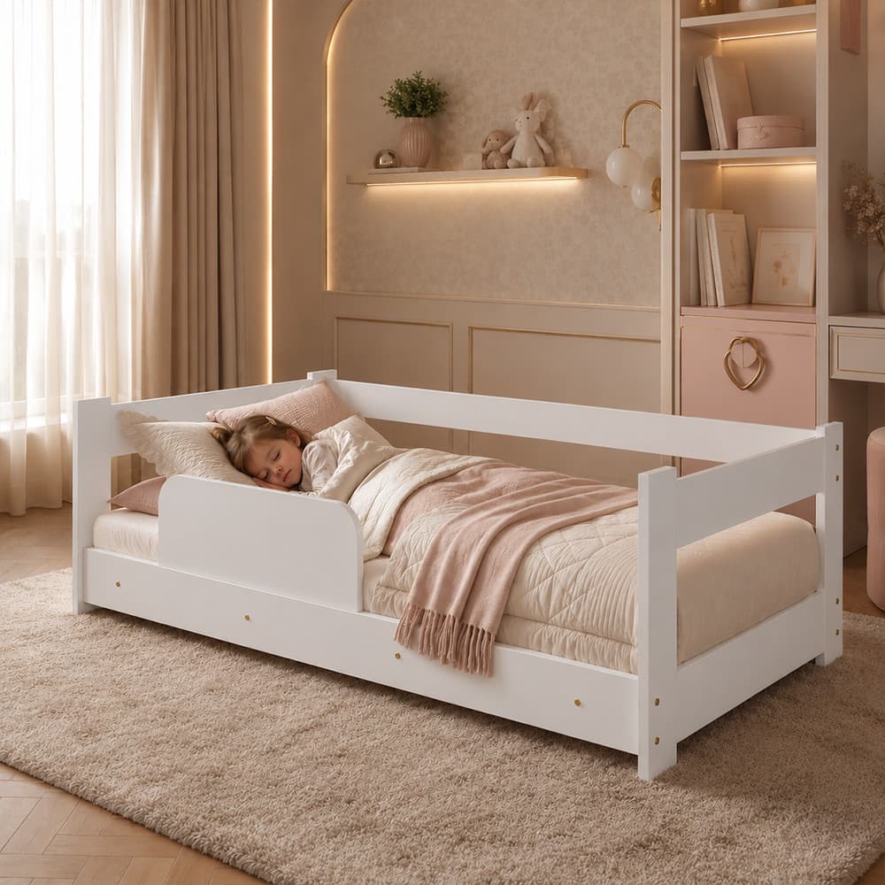 Cama Montessoriana Infantil Multifuncional Moderna com Grade de Proteção Para Transição - Branco
